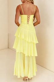 Yellow Spaghetti Straps Layered Sleeveless Long Party Prom Dress