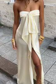 Chic Strapless High Slit Sleeveless Ruffles Long Prom Party Dress