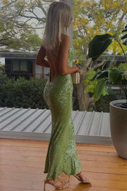 Green Spaghetti Straps Glitter Sequins Sleeveless Backless Prom Dress