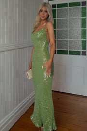 Green Spaghetti Straps Glitter Sequins Sleeveless Backless Prom Dress
