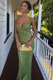Green Spaghetti Straps Glitter Sequins Sleeveless Backless Prom Dress