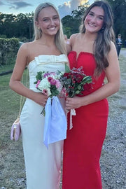 Yellow Strapless Bows Satin Sleeveless Long Prom Party Dress