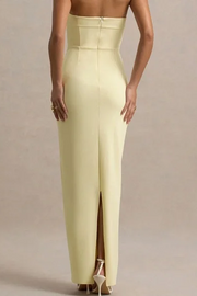 Yellow Strapless Bows Satin Sleeveless Long Prom Party Dress