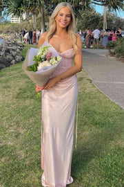 Strapless Sweetheart Pleats Sleeveless Satin Long Prom Party Dress