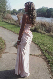 Strapless Sweetheart Pleats Sleeveless Satin Long Prom Party Dress