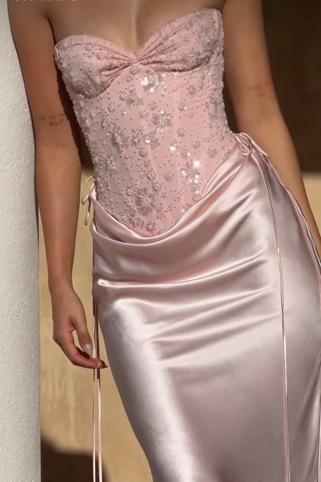 Strapless Sweetheart Pleats Sleeveless Satin Long Prom Party Dress
