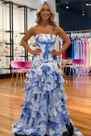 Stunning Strapless Print Ruffles Sleeveless Chiffon Long Prom Party Dress