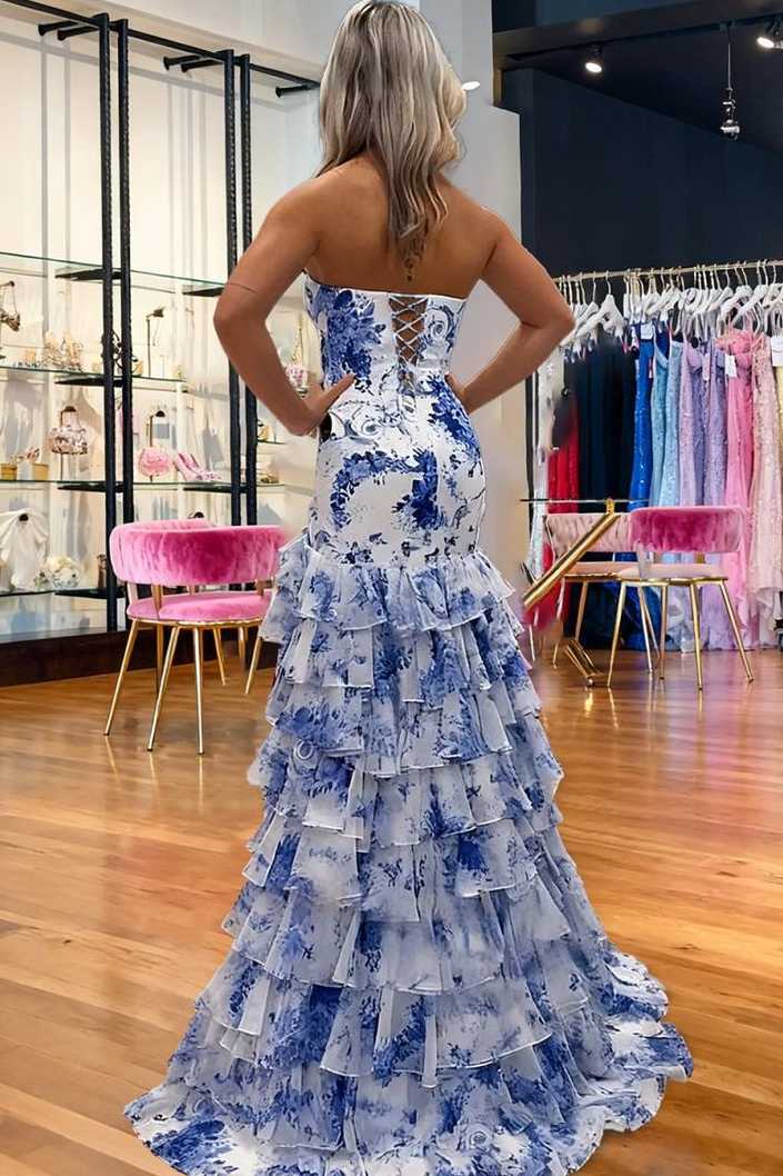Stunning Strapless Print Ruffles Sleeveless Chiffon Long Prom Party Dress
