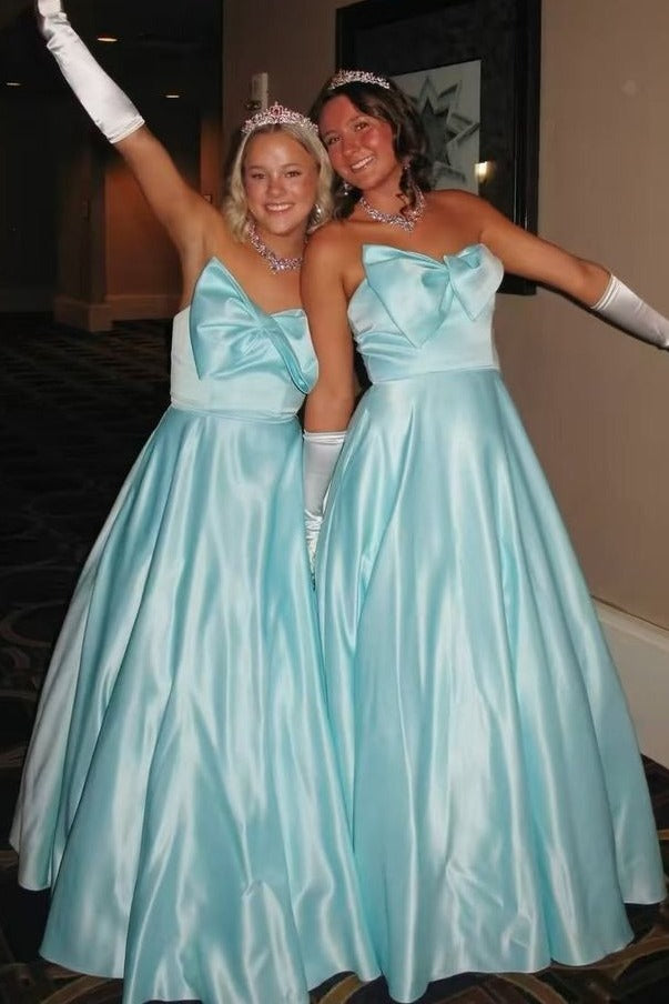 Cute A-Line Empire-Waist Strapless Satin Bow Sleeveless Long Prom Dress