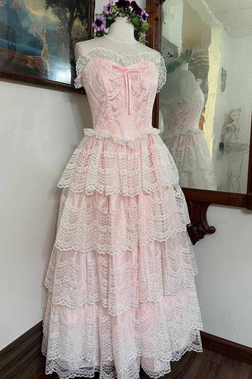 Vintage Pink Strapless A-Line Empire-Waist Tiered Lace Prom Party Dress