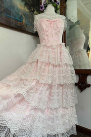 Vintage Pink Strapless A-Line Empire-Waist Tiered Lace Prom Party Dress
