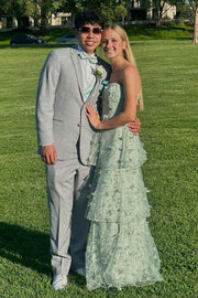 Green A-Line Strapless Tiered Appliques Sleeveless Long Prom Dress