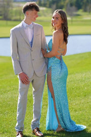 Blue Spaghetti Straps V-Neck Sequined High Slit Long Prom Dress