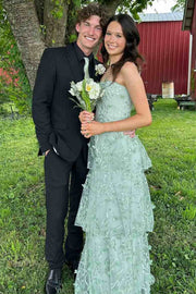 Green A-Line Strapless Tiered Appliques Sleeveless Long Prom Dress