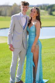 Blue Spaghetti Straps V-Neck Sequined High Slit Long Prom Dress