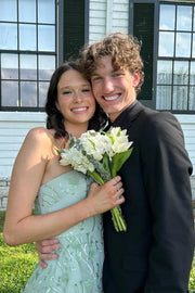 Green A-Line Strapless Tiered Appliques Sleeveless Long Prom Dress