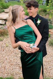 Green Spaghetti Straps Pleats Satin Sleeveless Party Prom Dress with Slit