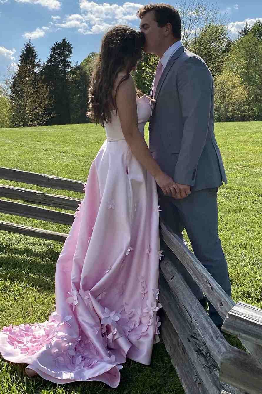 Pink A-Line Strapless Empire-Waist 3D Appliques Sleeveless Prom Dress