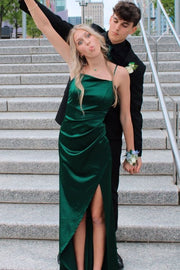 Green Spaghetti Straps Pleats Satin Sleeveless Party Prom Dress with Slit