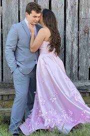 Pink A-Line Strapless Empire-Waist 3D Appliques Sleeveless Prom Dress