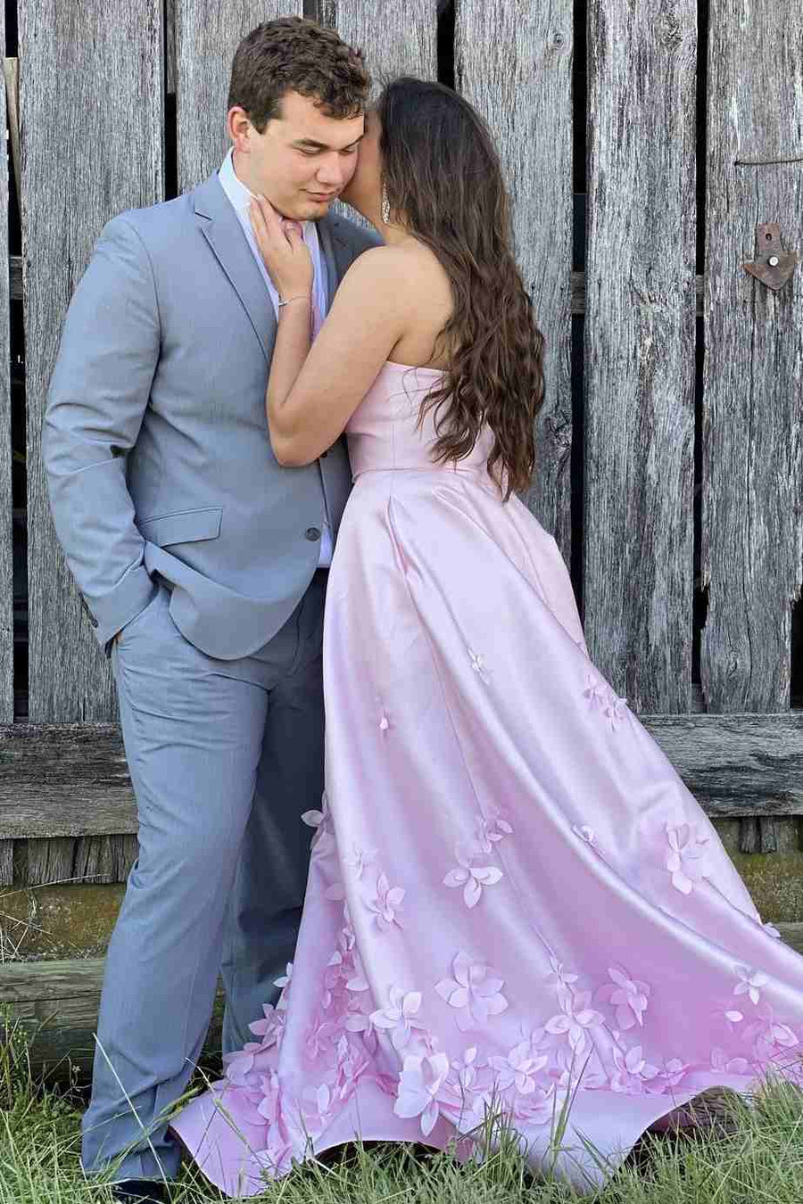 Pink A-Line Strapless Empire-Waist 3D Appliques Sleeveless Prom Dress