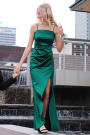 Green Spaghetti Straps Pleats Satin Sleeveless Party Prom Dress with Slit