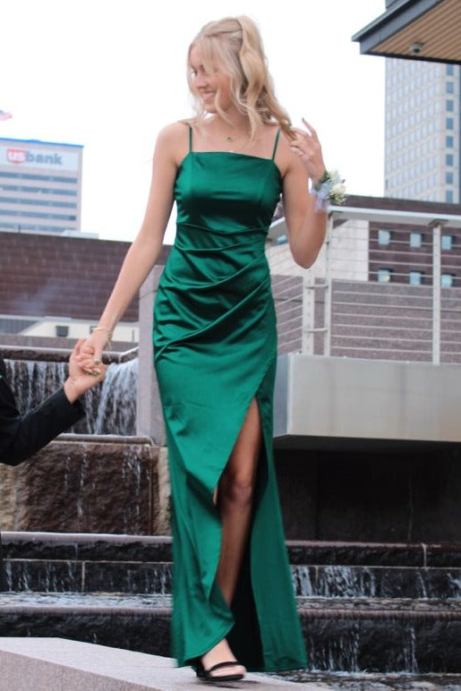 Green Spaghetti Straps Pleats Satin Sleeveless Party Prom Dress with Slit
