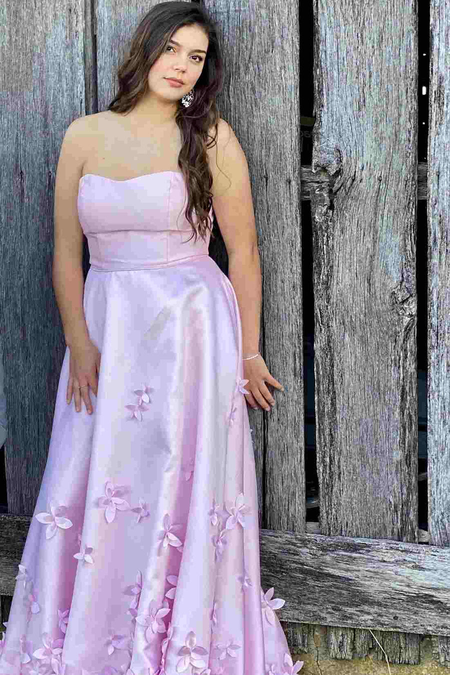 Pink A-Line Strapless Empire-Waist 3D Appliques Sleeveless Prom Dress
