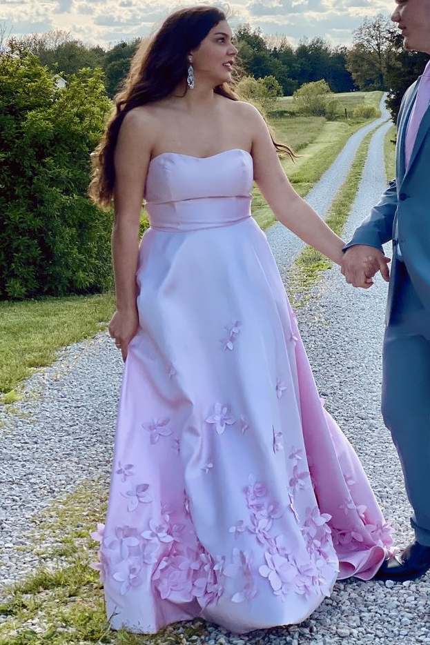 Pink A-Line Strapless Empire-Waist 3D Appliques Sleeveless Prom Dress