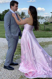 Pink A-Line Strapless Empire-Waist 3D Appliques Sleeveless Prom Dress