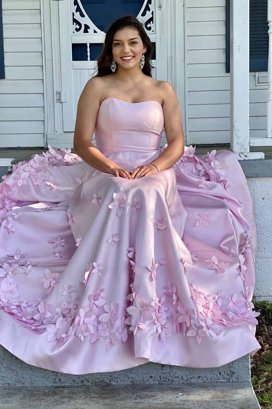 Pink A-Line Strapless Empire-Waist 3D Appliques Sleeveless Prom Dress