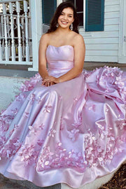 Pink A-Line Strapless Empire-Waist 3D Appliques Sleeveless Prom Dress