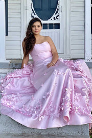 Pink A-Line Strapless Empire-Waist 3D Appliques Sleeveless Prom Dress