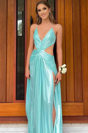 Blue Spaghetti Straps V-Neck Metallic Sleeveless Long Prom Dress