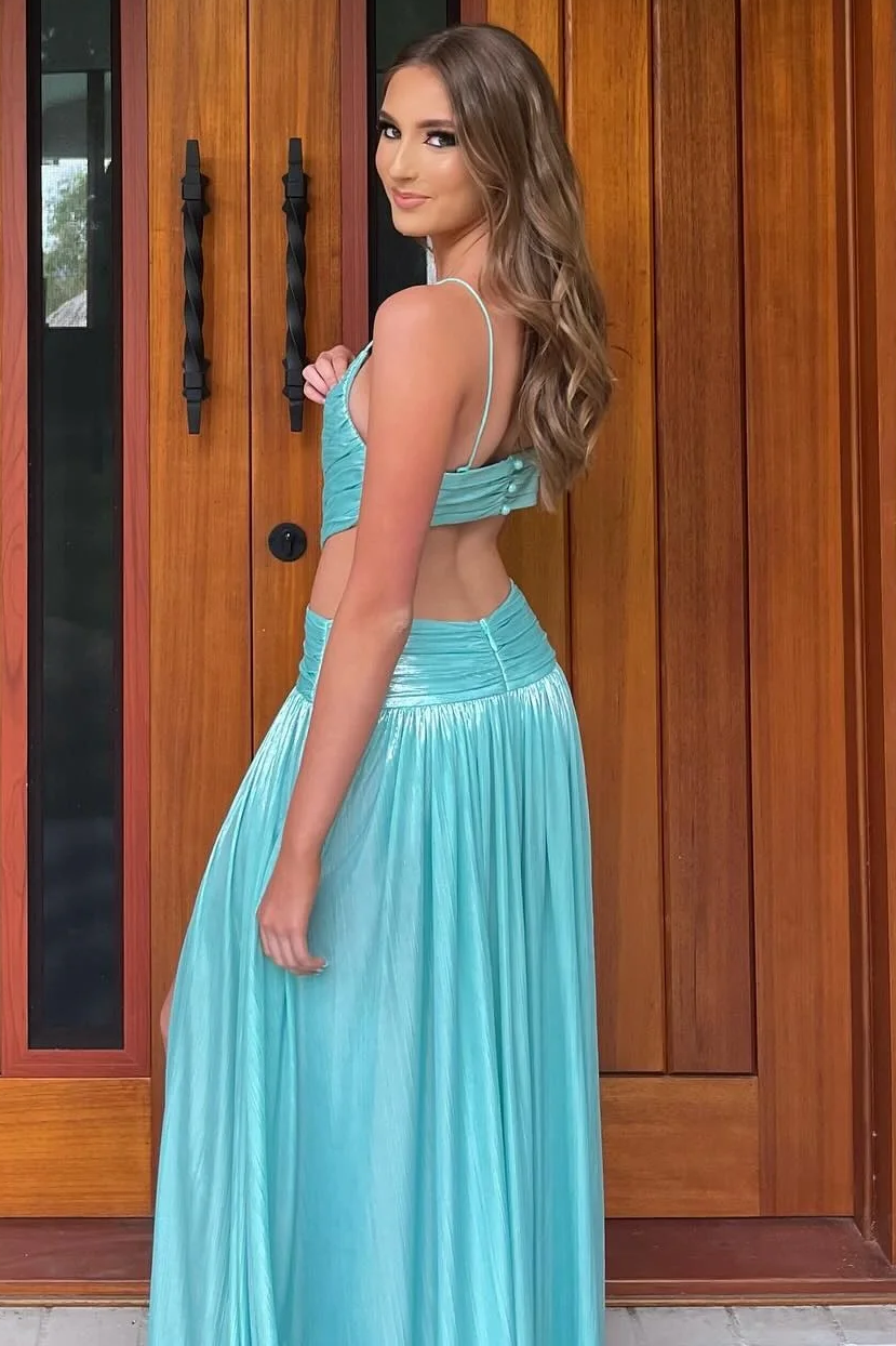 Blue Spaghetti Straps V-Neck Metallic Sleeveless Long Prom Dress