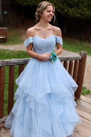 Blue Off-Shoulder A-Line Empire-Waist Ruffles Long Formal Prom Dress