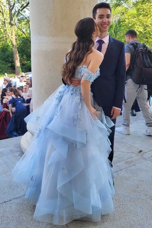 Blue Off-Shoulder A-Line Empire-Waist Ruffles Long Formal Prom Dress