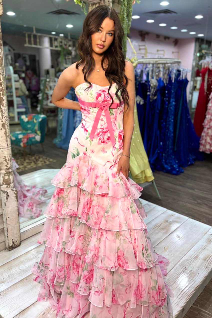 Stunning Mermaid Strapless Ruffles Print Sleeveless Long Prom Dress