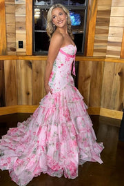 Stunning Mermaid Strapless Ruffles Print Sleeveless Long Prom Dress