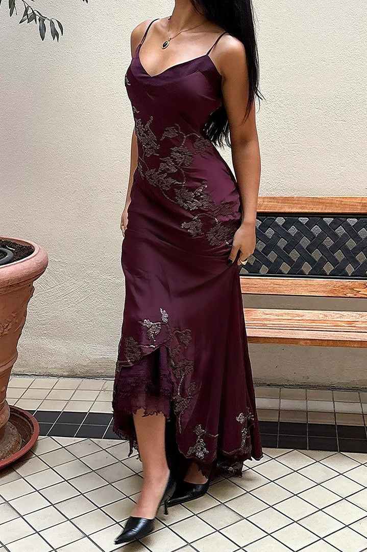 Spaghetti Straps Grape Purple V-Neck Appliques Long Prom Formal Dress