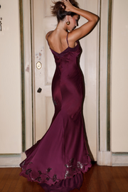 Spaghetti Straps Grape Purple V-Neck Appliques Long Prom Formal Dress