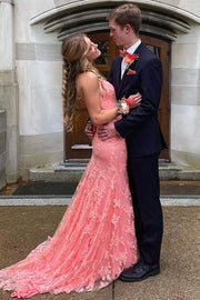 Exquisite V-Neck Sleeveless Lace Appliques Mermaid Long Prom Dress