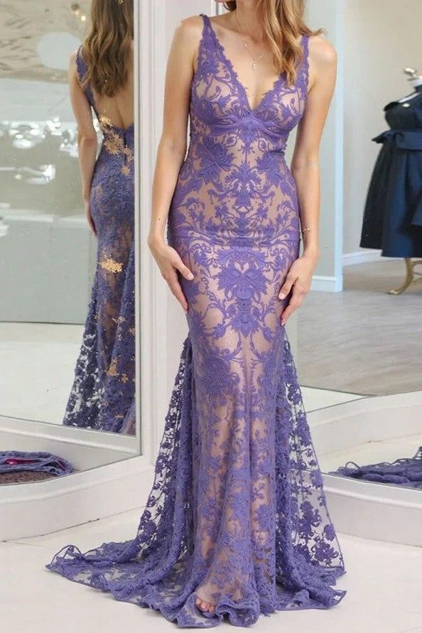 V-Neck Lace Appliques Mermaid Sleeveless Long Prom Dress