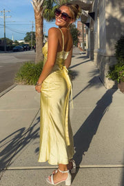 Chic Yellow Spaghetti Straps Pleats Satin Sleeveless Prom Party Dress