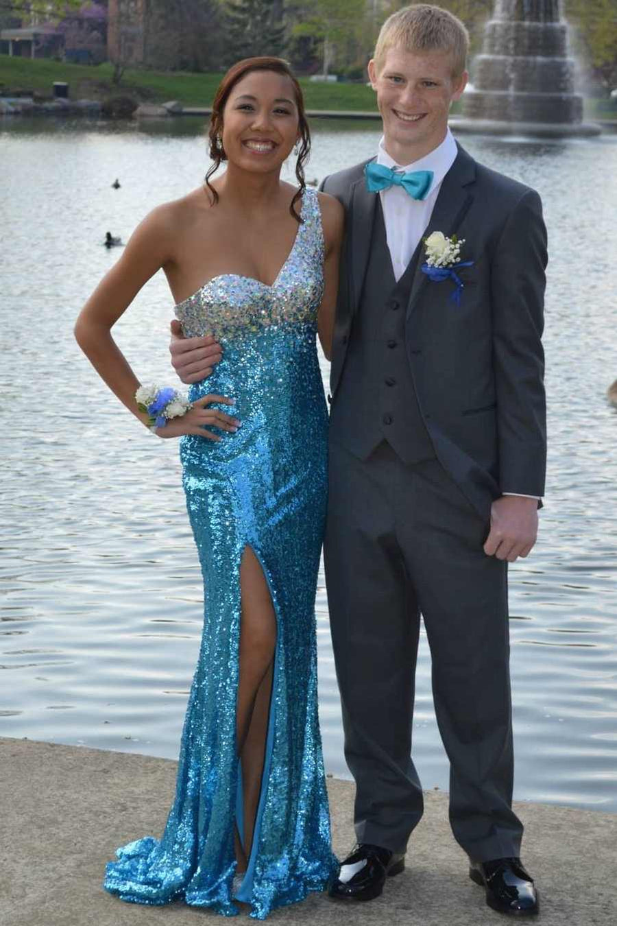 One Shoulder A-Line Sequined Sleeveless Long Prom Dress with Slit