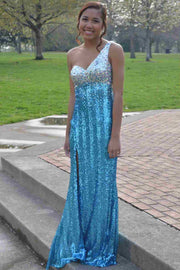 One Shoulder A-Line Sequined Sleeveless Long Prom Dress with Slit