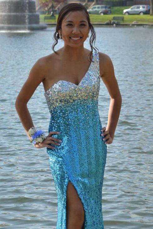 One Shoulder A-Line Sequined Sleeveless Long Prom Dress with Slit
