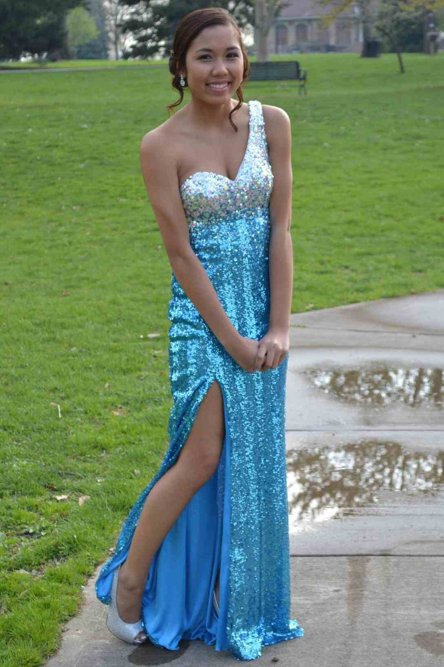 One Shoulder A-Line Sequined Sleeveless Long Prom Dress with Slit