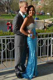 One Shoulder A-Line Sequined Sleeveless Long Prom Dress with Slit