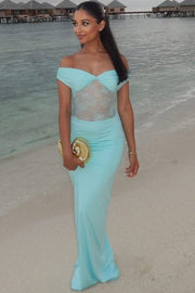 Chic Blue Off-Shoulder Pleats Hollow Out Long Prom Party Dress